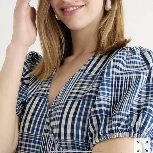 J. Crew Puff Short Sleeve Wrap Top Indigo Patchwork Blue Size XS - Picture 2 of 6